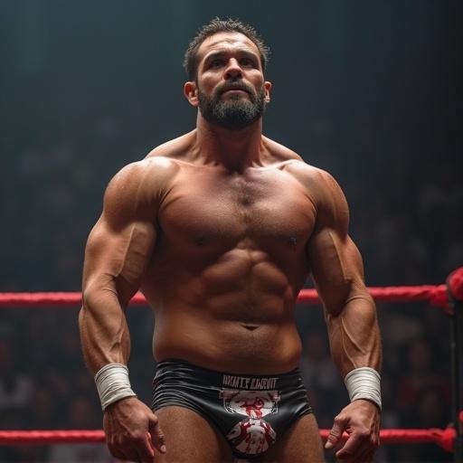 Image of a muscular hairy stout wrestler in a wrestling ring flexing his bicep.