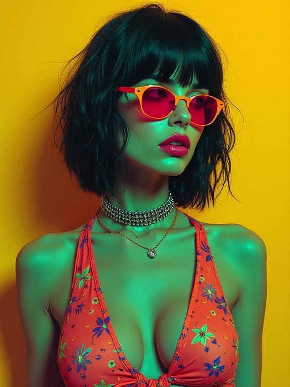 Whimsical full body portrait of a woman in eccentric attire. Bright shades of green and magenta dominate the outfit. Background features yellow ocher and burnt sienna. Intricate details and hyper-detailed representation.