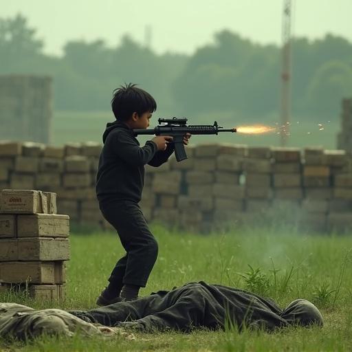 A young boy with black hair engages in a conflict scene. He holds a machine gun and appears determined. The environment is a green landscape with visible terrorist bodies. The boy has an injury but continues to fight. Ammunition boxes are stacked nearby.