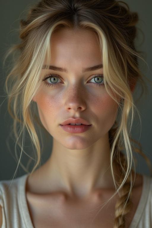 Portrait of a blonde woman with blue eyes. Hair is tied up. Wearing loose clothes. Focus on her facial features and expression.