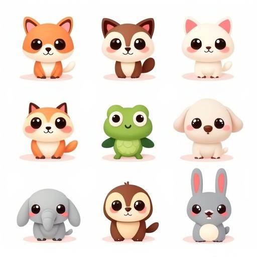 Collection of cartoon animal icons. Each icon features a single animal. Animals styled to be simple and cute. Large eyes with exaggerated features. Playful appearance targeted at mobile game users. Designed for collectible and playful user engagement.