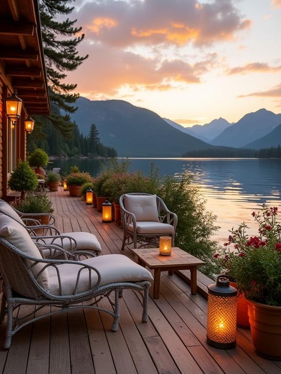 A lakeside view during sunset showing a rustic outdoor terrace with wicker lounge chairs and lanterns. The scene includes mountains in the background and a calm lake reflecting colorful skies.