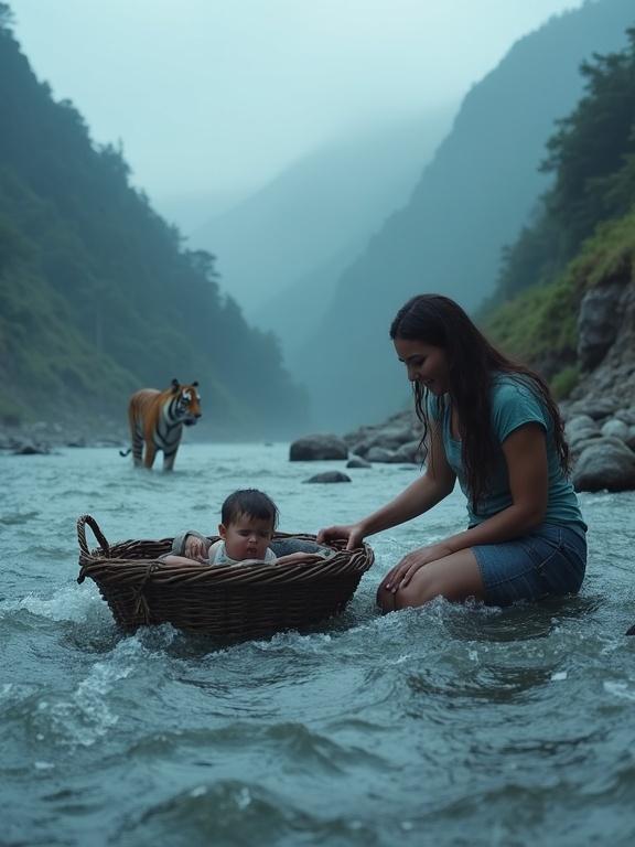 Woman kneels in a rushing mountain river. Baby placed in a floating basket. Woman expresses despair. Tiger seen in the distance. Misty valley backdrop. Cold blue tones.