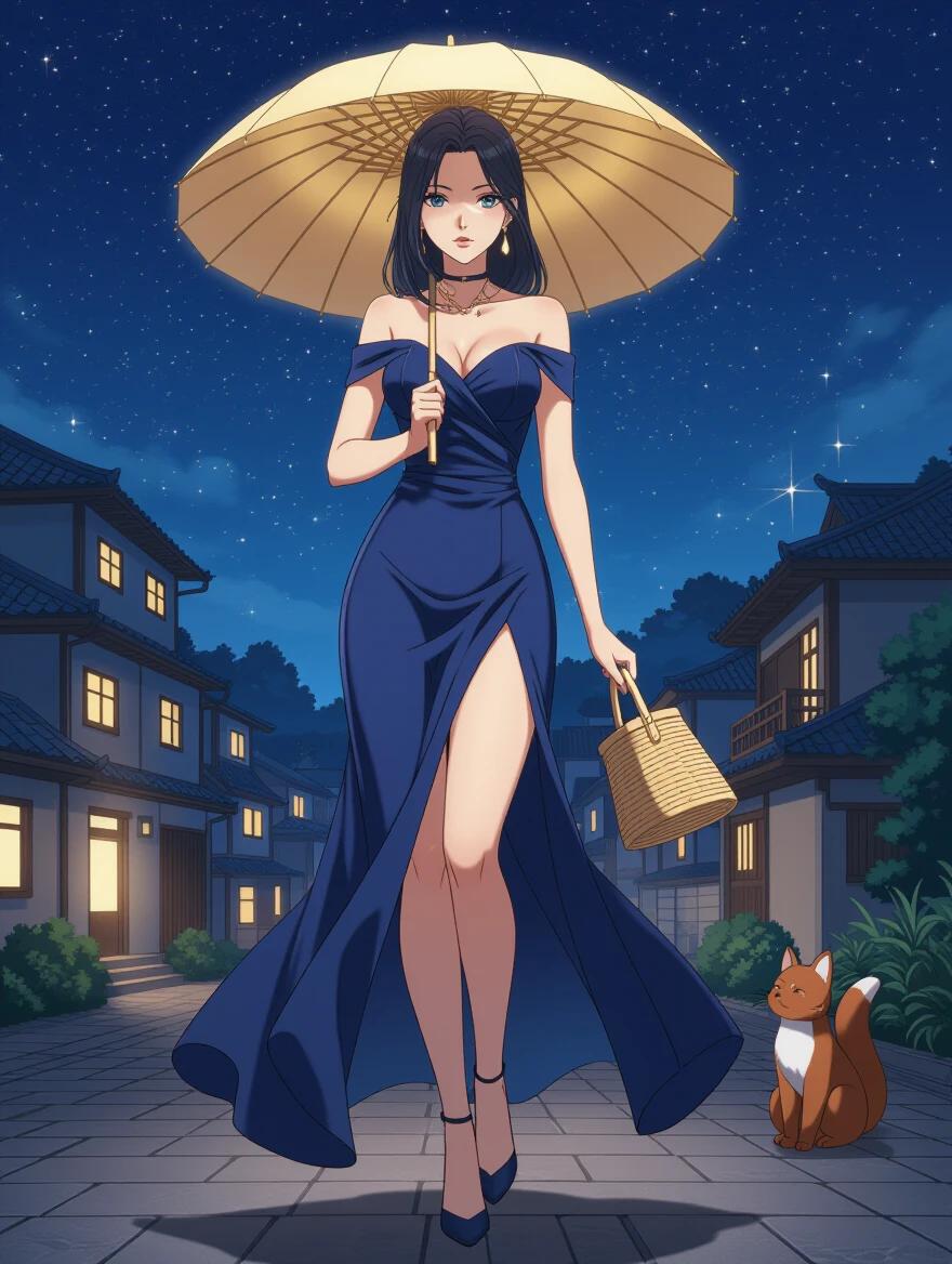 Full body vertical illustration of a 26-year-old woman at night. She stands confidently with a slight tilt toward the ground. Her hair is deep burgundy with red highlights. She wears a structured black leather coat, a fitted high-neck blouse, and ultra-tight black vinyl pants. The scene includes an umbrella, cobblestone street, and a warm-lit background.