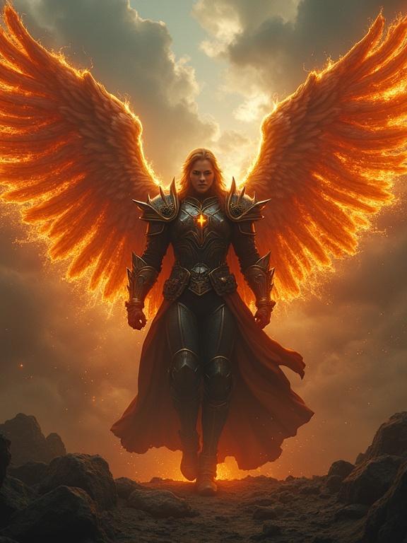 Hyper-realistic cinematic scene featuring a powerful warrior angel descending from a stormy sky with fiery wings and glowing armor.