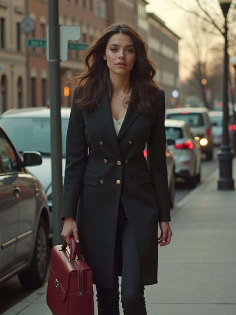 A woman walking on a city street. She wears a stylish long black coat. She carries a red briefcase. The setting is during golden hour. Cars line the street in the background. The woman's hairstyle is wavy and elegant. The fashion conveys professionalism and confidence.