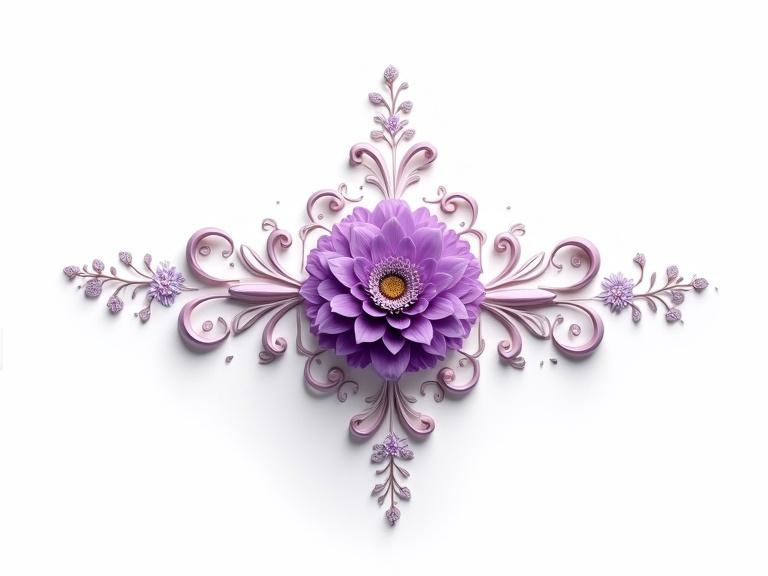 Digital rendering of an ornate design with a central flower. Large purple flower with layered petals. Curving leaves and smaller flowers in purples. Background is plain white. Geometric shapes with lighter purples below. Clear dots for visual interest. Elegant symmetry and intricate detail.