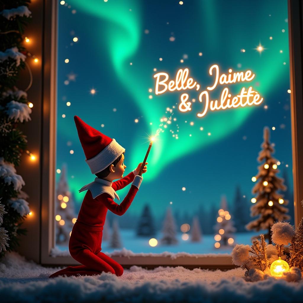 An elf on the shelf is featured in a captivating Christmas scene. He is dressed in red and white and holds a magic wand. The elf writes 'Belle, Jaime & Juliette' in glowing letters. The backdrop is illuminated by vibrant northern lights. The image embodies the festive spirit of the holiday season, evoking joy and wonder.