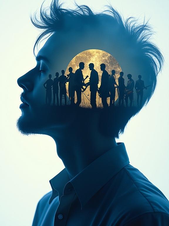 Double exposure portrait of a person with a music band silhouette inside. Profile view in blue color. Golden elements representing musicians. Detailed layering for visual depth.