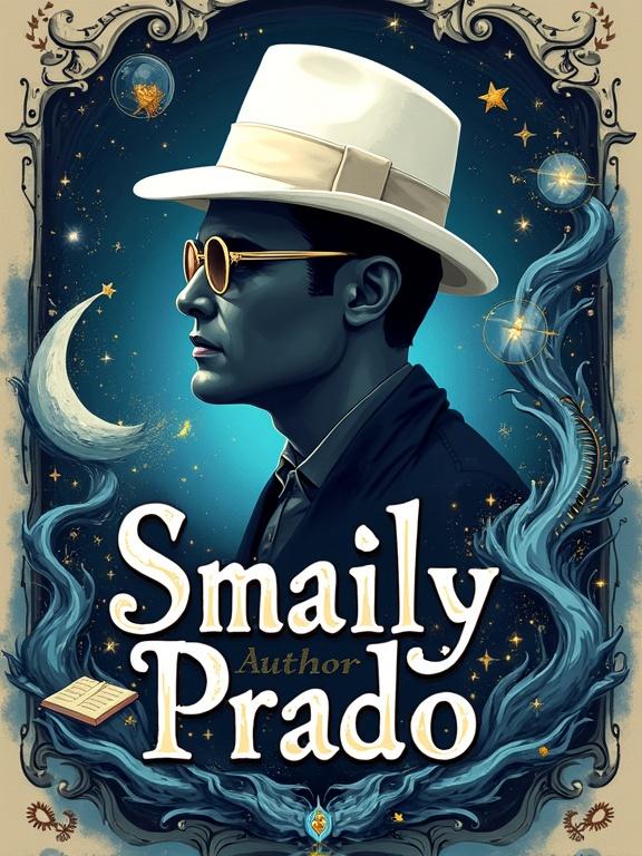 Stylized logo of a fictional author named Smaily Prado. Surreal illustration of a man wearing a white fedora and glasses. Silhouette with swirling elements representing science fiction and fantasy. Stars, floating books, clock gears, cosmic energy, ancient runes. Painterly and expressive style with organic and futuristic motifs. Name 'Smaily Prado' in elegant font with glow. Deep blue, silver, white, golden highlights.