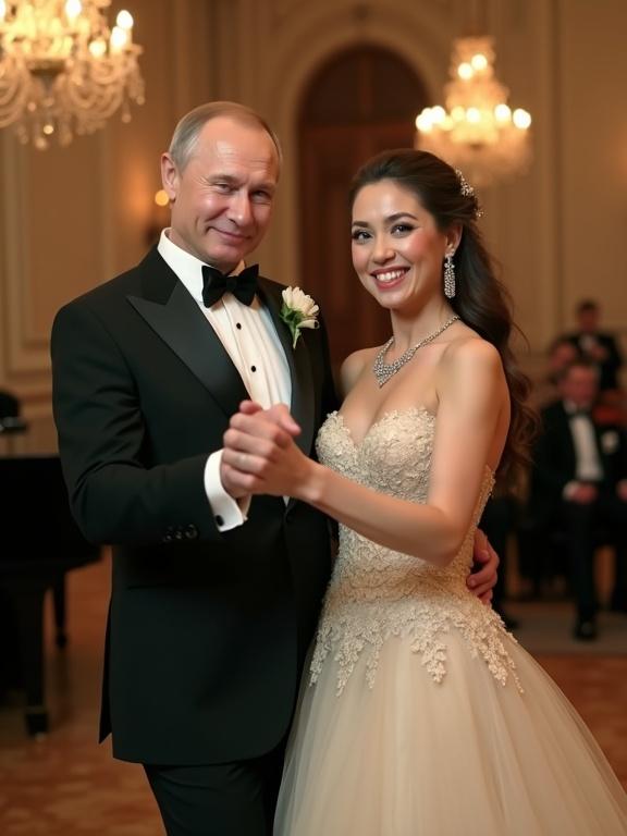 This image depicts two men resembling popular figures dancing in a ballroom. One wears a tuxedo and the other a ballgown. They appear cheerful in an elegant setting with chandeliers and soft lighting.