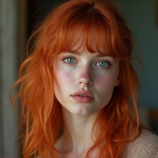 Portrait of a young woman with red hair and clear skin. Soft natural light enhances beauty features. The woman appears around 20 years old.
