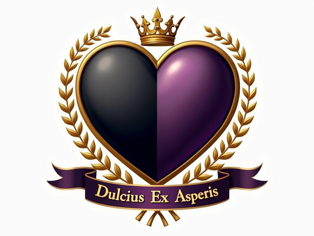 Heraldry design featuring a matte finish with no luster. The main element is a heart-shaped shield divided into two sections. The left half of the shield is black, while the right half is dark violet. Surrounding the shield are elegant gold vines, adding a touch of sophistication. Atop the shield sits a gold coronet, enhancing its regal appearance. Below the shield, a ribbon displays the motto "Dulcius Ex Asperis" in a classic font.