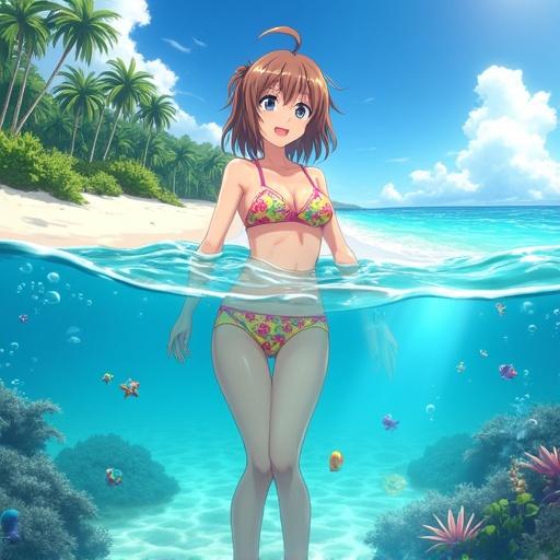 Anime beach scene features a cheerful girl in a colorful bikini. Water is crystal-clear. Above the water sunny sky and sandy beach are visible. Below are her legs and colorful fish. Sunlight creates reflections. Bright summer colors are present. It evokes a fun anime moment.