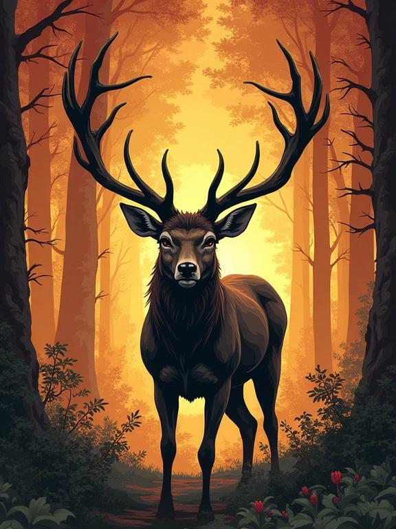 Create a fantasy poster featuring a dangerous deer with large antlers. The deer should appear menacing to evoke a sense of danger. Utilize a dark forest backdrop with warm glowing light behind the deer. Include hints of mythical qualities suggesting shape-shifting aspects. Add text elements that inspire intrigue about hunting. Emphasize the theme 'hunt or be hunted'. Include a reward of 1000 gold coins for the bounty, creating an overall tone of adventure and peril.