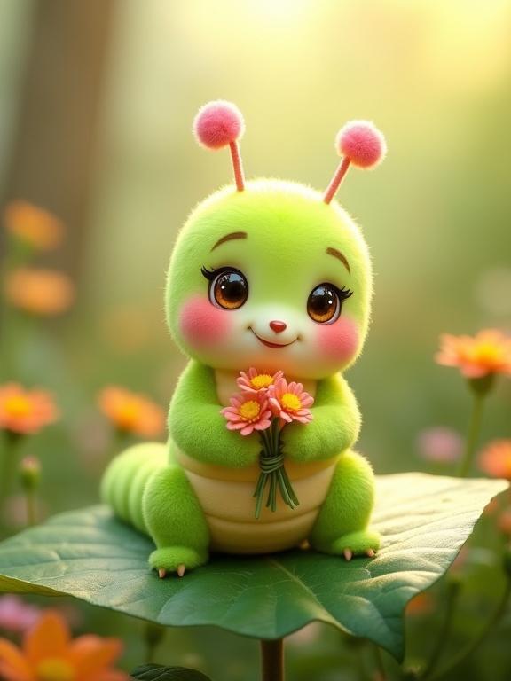 Stylized cute caterpillar character sit on leaf holding flowers. Body is chubby with plush-like texture. Bright lime green to light yellow-green gradient. Has rosy cheeks and big round eyes. Two pink pom-pom antennae. Background is soft-focus garden with warm lighting.