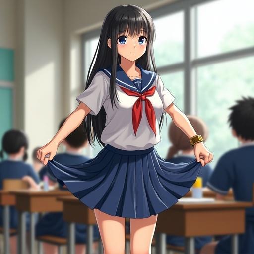 Japanese girl wearing a school uniform standing in a classroom. Focus on a skirt lift. Background has students seated at desks.