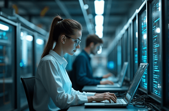 A woman and a man work intently on laptops in a dimly lit server room, surrounded by glowing screens displaying lines of code.