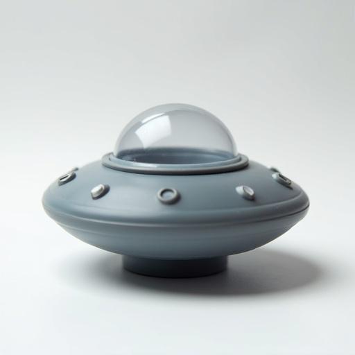 Close-up image of a small grey UFO model. The toy is made of plastic and features a round transparent dome on top. The underside has several circular protrusions. Model placed on a white surface.