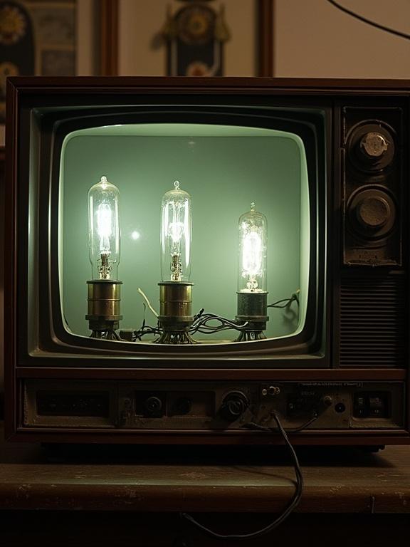 Old television set with glass tube bulbs inside. Image showcases wires connected to the bulbs. Soft light casting glow on the bulbs. Nostalgic and vintage aesthetic. Perfect for decor inspiration.