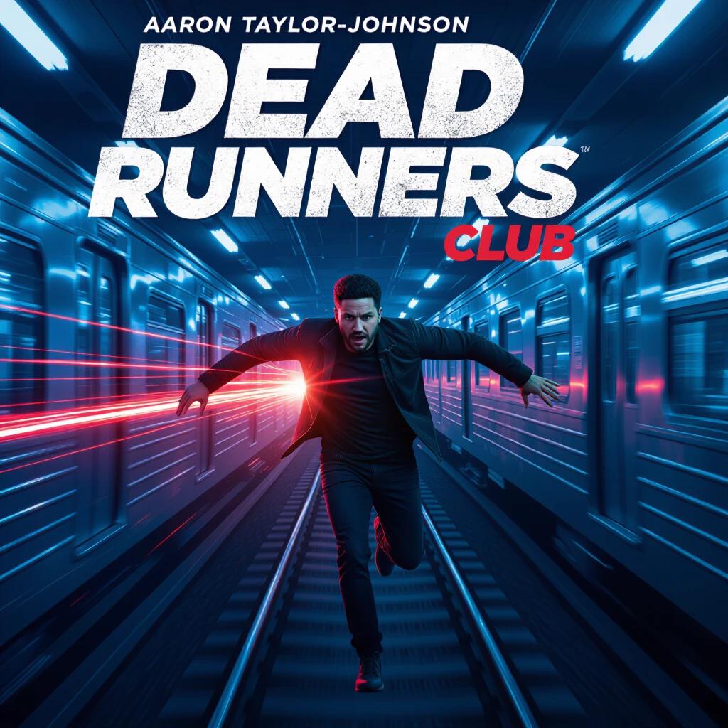 Movie poster for Dead Runners Club. Features Aaron Taylor-Johnson in a dramatic foot chase across speeding trains. Leaping between cars with a sniper's laser aimed at him. Blue and red light trails and blur effects enhance motion. Title is bold, jagged, and dynamic. Represents kinetic action energy in 6K resolution.