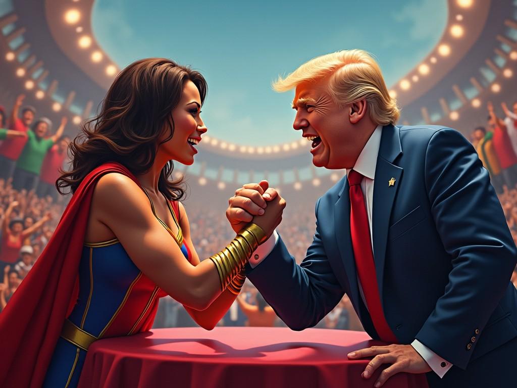 The image depicts a dramatic arm-wrestling match between a superheroine and a well-known political figure. The superheroine is dressed in a bold costume, showcasing her strength. The political figure exudes confidence with a big smile, dressed in a suit and tie. The background features a lively crowd, cheering enthusiastically. Bright colors dominate the scene, creating an energetic atmosphere. This unique tableau merges elements of politics and entertainment, inviting viewers to ponder its implications.