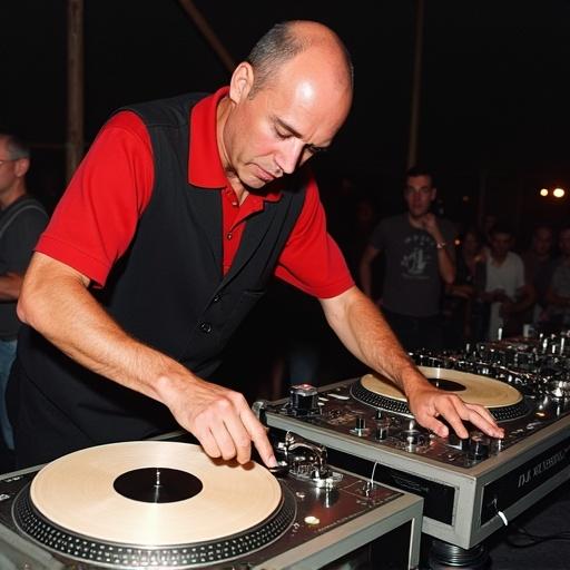 DJ operates two turntables at high speed while performing tricks during a music competition in 1992. Turntables positioned closely with a mixer adjacent. Dynamic energy in the atmosphere.