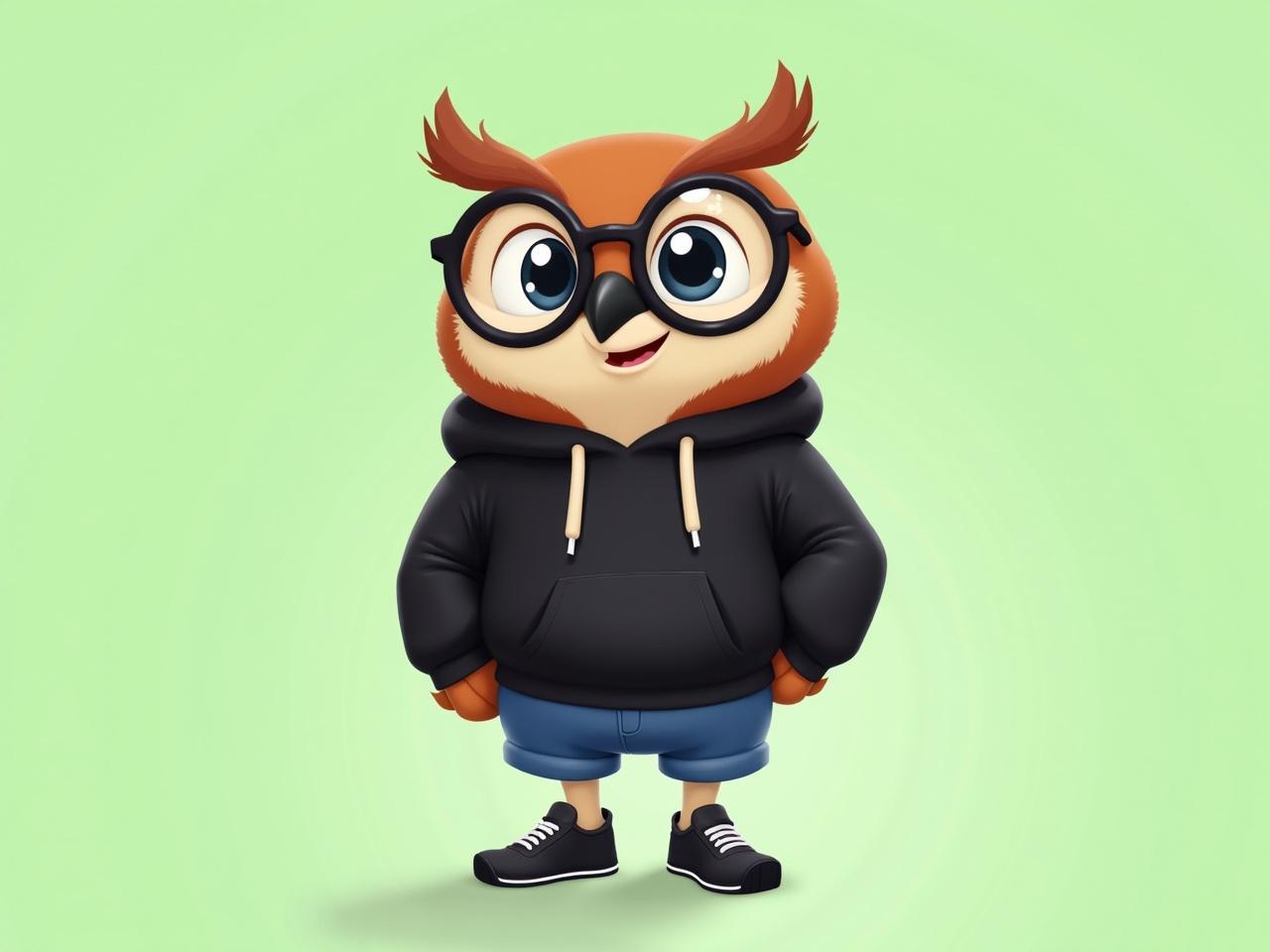 This image features a cartoonish owl character. The owl is wearing large round glasses and a black hoodie. It has a playful expression and is standing in a casual pose. The owl is also dressed in blue shorts and black sneakers. The background is a soft green gradient, enhancing the vibrant colors of the character.