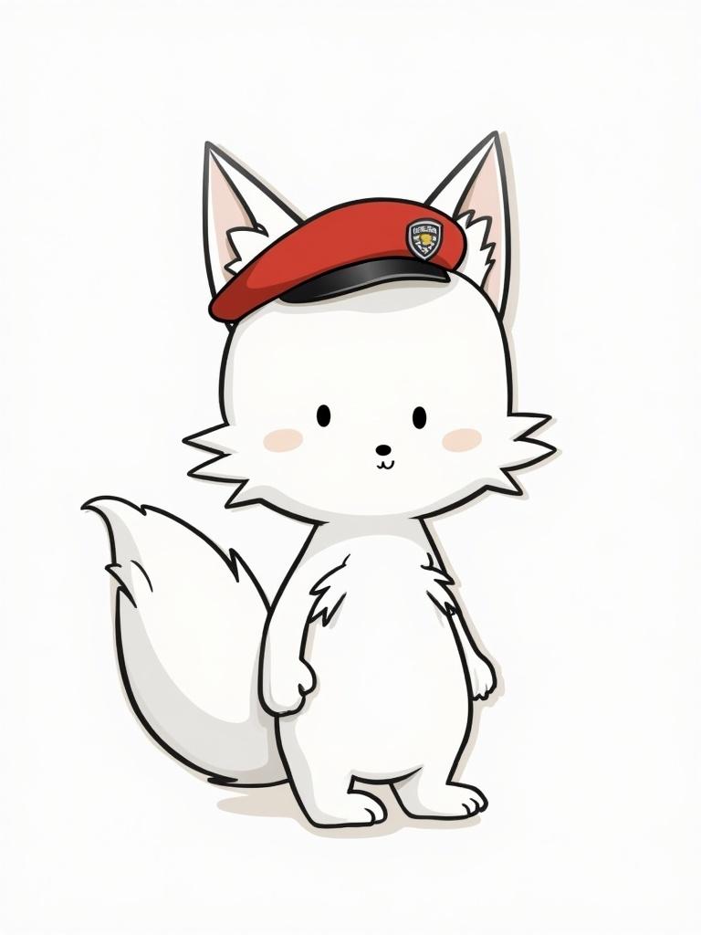 Draw a cute white fox character in a red peaked cap. No background and no other clothing. Simple and clean design.