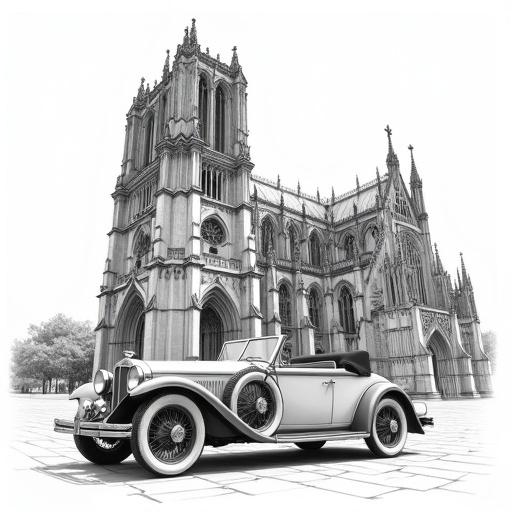 Black and white line art illustration of a classic early 20th-century convertible car parked before a detailed Gothic cathedral. The cathedral has soaring spires and intricate tracery. The car features spoked wheels and reflects human ingenuity against the grandeur of the cathedral. Low angle shot emphasizes the cathedral's height.
