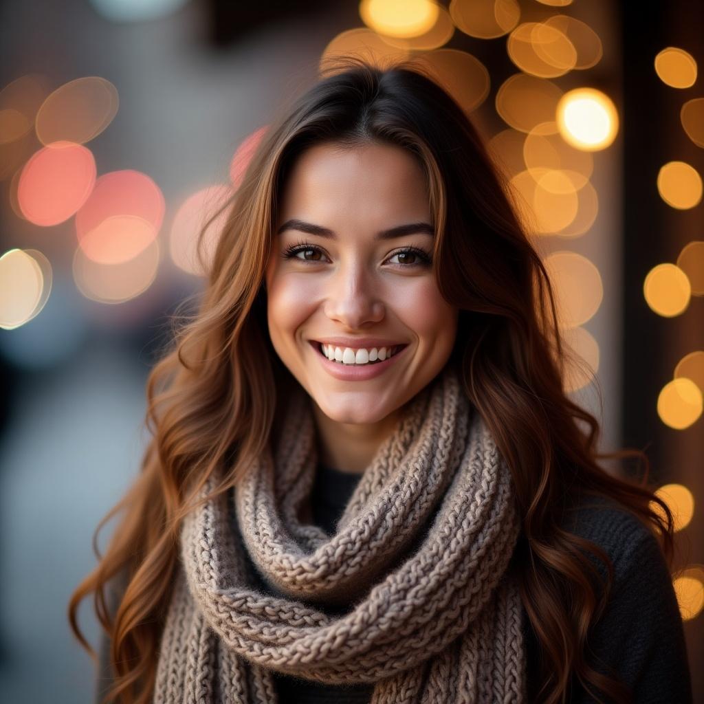 Woman with long brown hair. Wearing a cozy scarf. Smiling happily. Background is a bokeh effect. Colors are vibrant. Winter feel. Soft lighting enhances the serene mood.