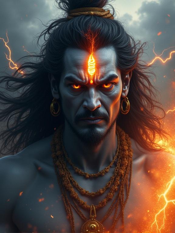 Portrait of a powerful divine figure with an intense expression. Glowing energy symbolizes destruction and divine wrath. A bold tilak marks the forehead showing spiritual power. Long wild hair flows around, charged with energy against a stormy background. Fierce eyes burned with divine fury. Subtle ash-gray skin adds realism. Dramatic lighting casts shadows on fierce features, enhancing the texture of skin and adornments. Intense and awe-inspiring mood