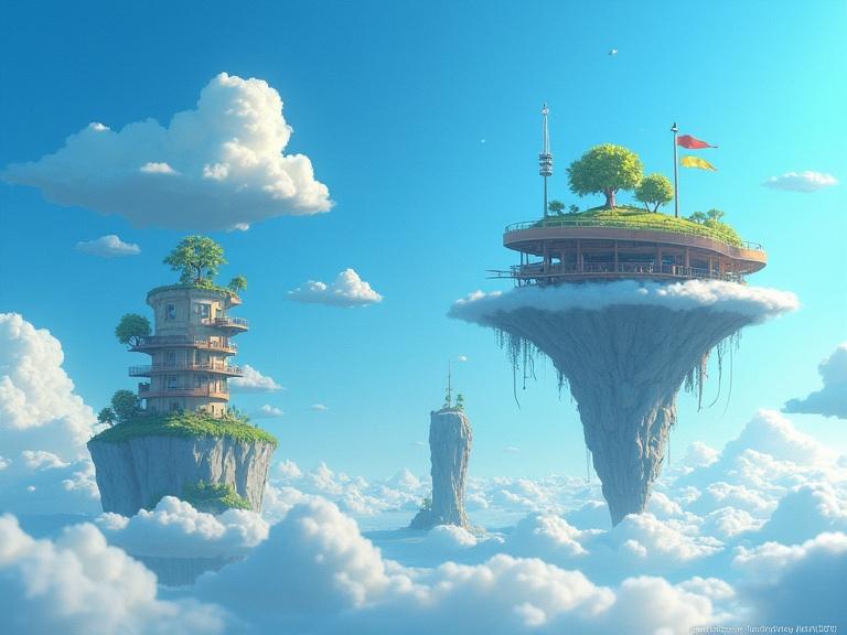 A whimsical scene featuring floating islands in a serene blue sky. Large island supports an airship integrating nature and engineering. Unique and magical atmosphere with a blend of reality and fantasy.