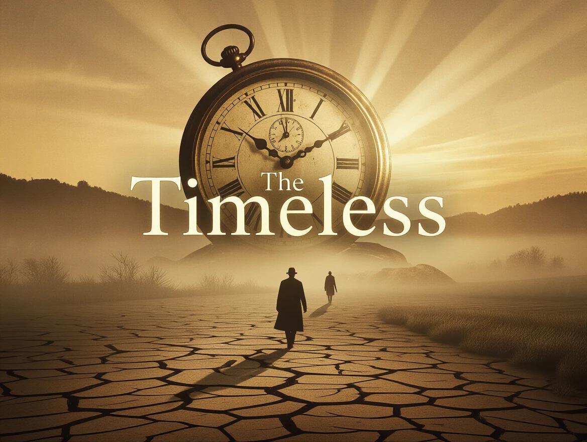 Cinematic vintage banner for YouTube channel titled The Timeless. Sepia-toned surreal landscape with ancient clock melting into the sky. Distant silhouette walking into fog on cracked earth. Warm antique colors. Elegant serif font for The Timeless. Soft glow and centered but not overpowering. Evokes nostalgia, mystery, and passage of time. Ultra wide format and soft light rays with grainy texture.