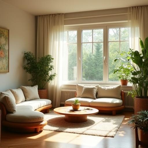 Living space designed with Feng Shui principles. Features wooden furniture and green plants. Includes a small water feature. Warm lighting fills the space. Rounded shapes create clear pathways. Walls are plain without decorations. The atmosphere promotes vitality and positive energy.