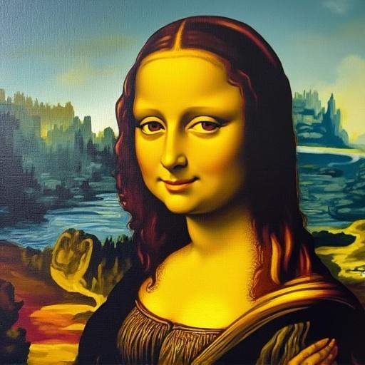 Mona Lisa styled like a character from The Simpsons. Bright and colorful reinterpretation. Features yellow tones and cartoonish elements. Background includes stylized landscape resembling the original painting.