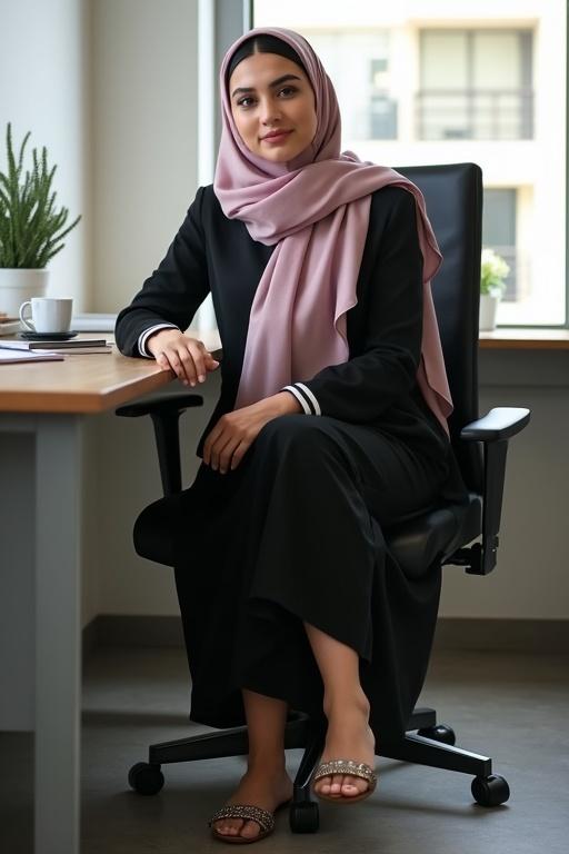 Adult woman in hijab seated in an office. Busy workspace with modern decor. Showing feet under the desk. Slippers are dangling.