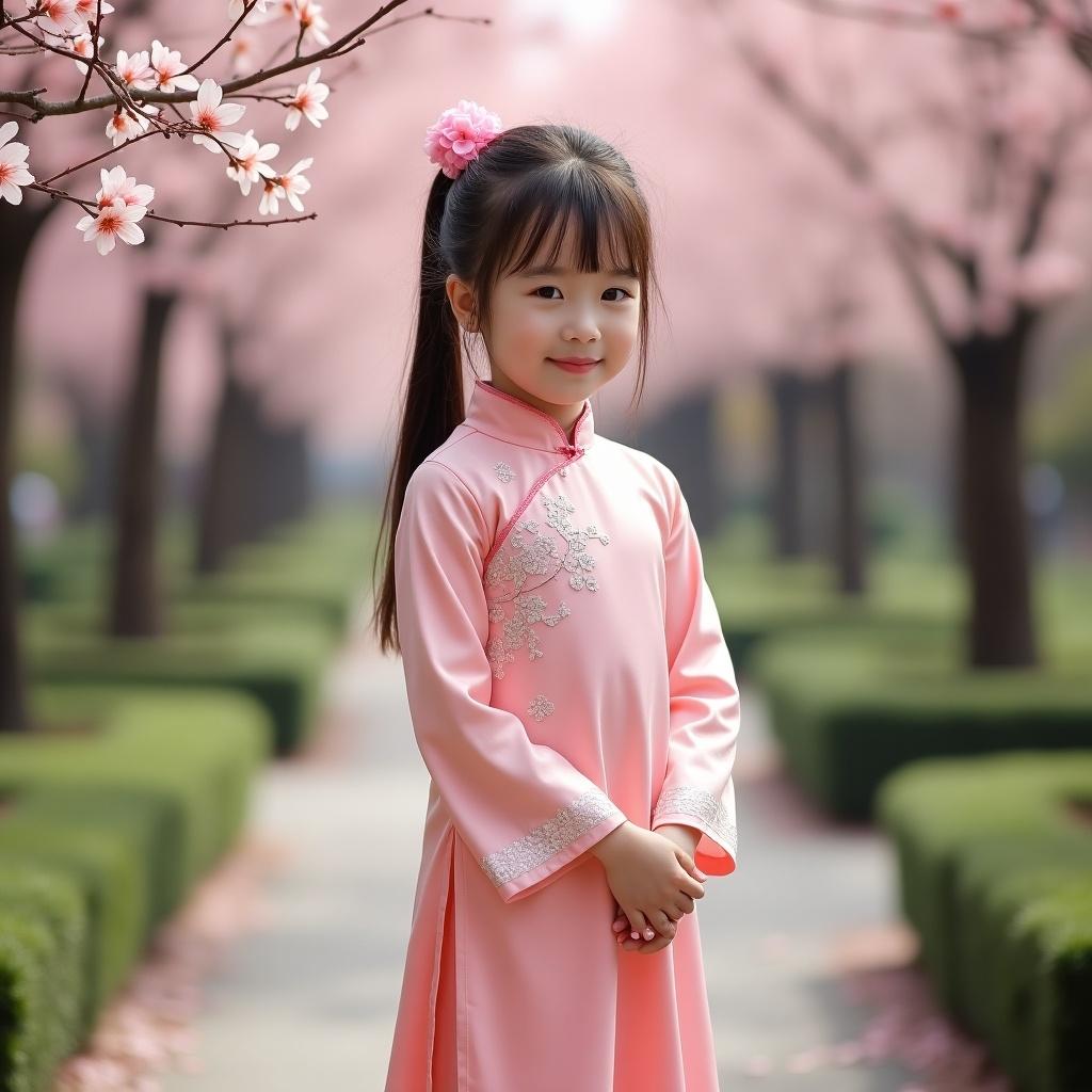 A preteen girl stands elegantly in a beautiful pink qipao dress, complemented by delicate pantyhose. She is surrounded by blooming cherry blossom trees, creating a serene and picturesque atmosphere. Her hair is neatly styled with a pink flower accessory, adding to her charm. The scene is well-lit with soft, natural daylight, highlighting the colors of the dress and the blossoms. The girl poses confidently with a gentle smile, inviting viewers into this delightful moment of spring. The setting features well-manicured hedges lining the pathway, enhancing the overall aesthetic of the image.