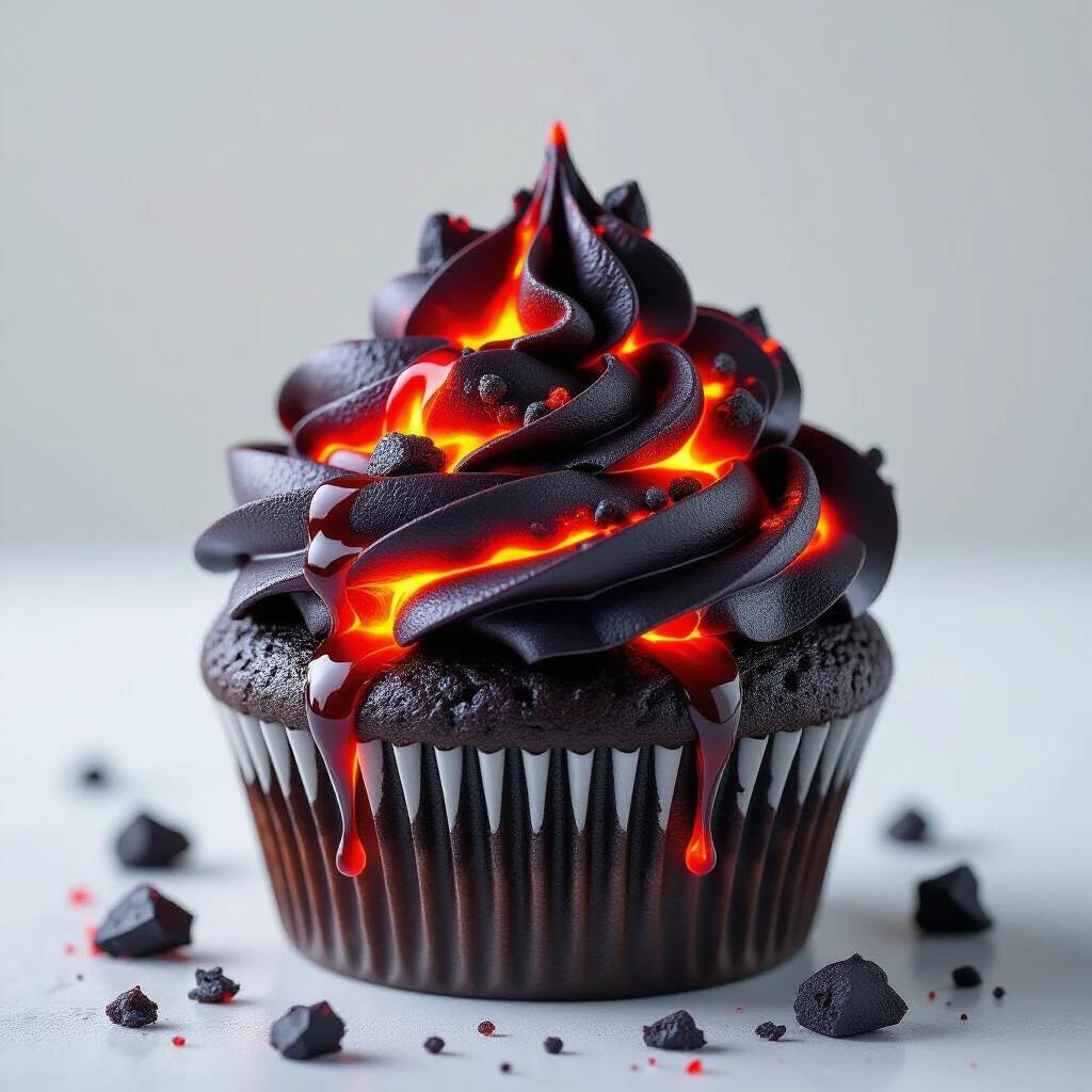 Dramatic cupcake with flowing lava frosting. Bubbling and glowing intensely topped with sharp luminous crystals. Base made of dark volcanic rock, detailed with volcanic photorealism.
