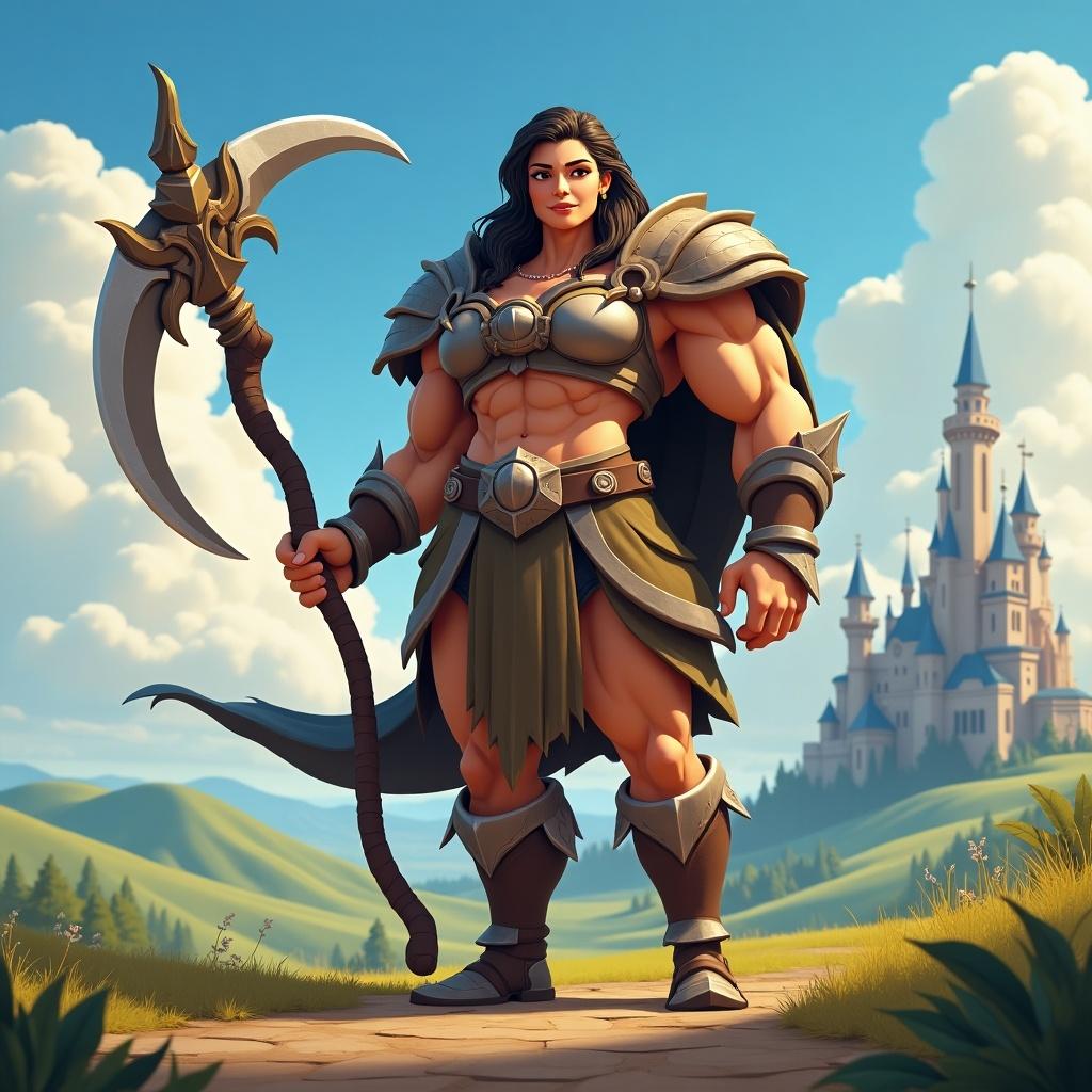 A powerful female character in a Disney art style. She has muscular features and holds a scythe. Background includes a fantasy castle and a green landscape.