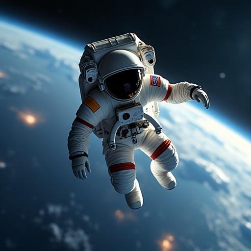 Astronaut floats in space attached to a cable. Earth visible in the background. High definition quality. Beautiful view of the cosmos.