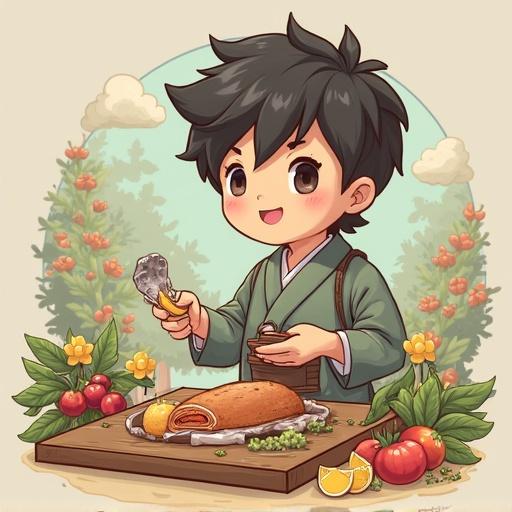A happy boy in traditional clothing prepares food in a cheerful scene. The boy holds a spatula, showcasing a dish on a wooden table surrounded by fresh vegetables and fruits. The background features soft clouds and trees.