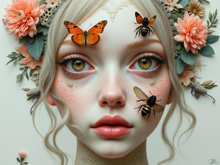 Highly detailed surrealist collage portrait of a woman's face. The woman has one golden eye and one cool eye. Features a butterfly on her cheek and a bee near her lips. Hairline includes subtle feathers. Two birds perch on either side of her head. The background features various fabric patterns and textures. The color scheme is pastel, evoking calm and serenity. The mood is dreamlike and enchanting, blending fantasy and reality. The composition is grid-like, inviting viewers to piece together the narrative. Symbolism includes transformation, industriousness, freedom, and cultural tradition.
