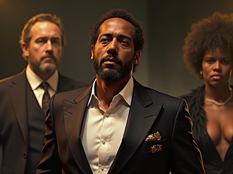 Three individuals in formal attire. Man in the center with facial hair. Two figures in background. Dramatic lighting highlighting expressions. Strong composition.