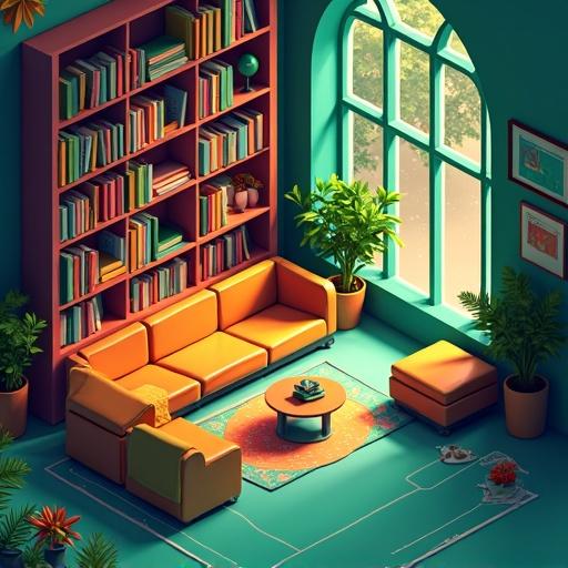 Isometric view of a library room. Neon green and neon orange color scheme. Contains a blocky, super realistic design. Features a couch, coffee table, plants, and books on shelves.