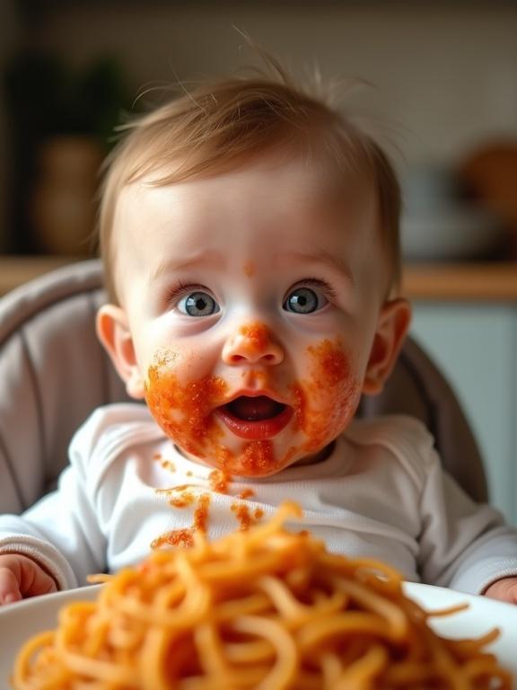 A baby with spaghetti sauce on face looks at the camera with wide eyes. Baby sits in high chair with spaghetti in front. Strands of pasta on cheeks and nose. Soft warm lighting in a cozy kitchen. Detailed baby skin and sauce texture.