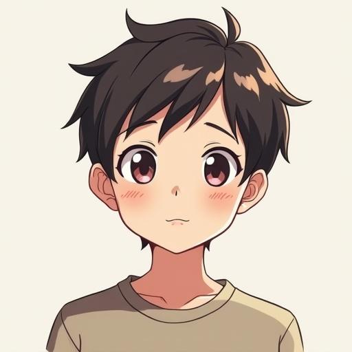 Generate a simple illustration of a cute boy in anime style with brown hair and gentle expression