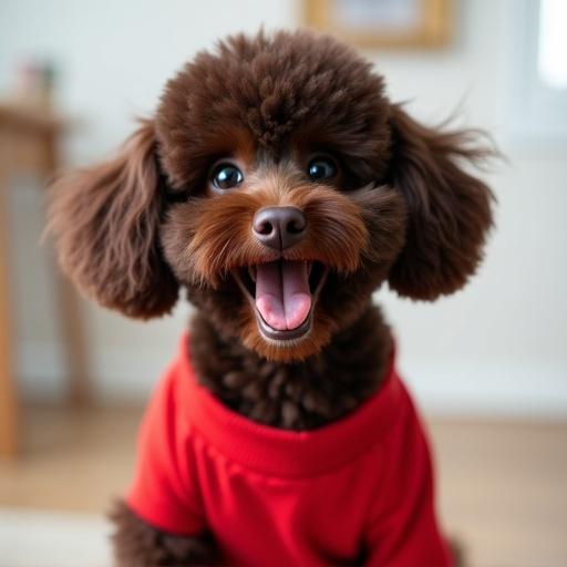 A dark brown toy poodle dressed in a bright red outfit. The dog appears joyful and playful. Setting suggests a cozy indoor environment.