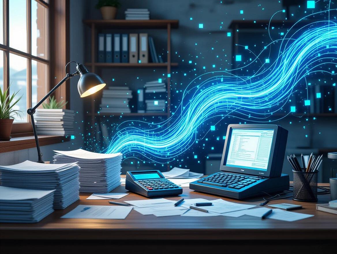 Dynamic image showing transformation from chaotic manual work to streamlined AI automation. Left side features a cluttered wooden desk with overflowing paper invoices, an old adding machine, and tangled cords under dim lighting. Center area shows physical papers and clutter dematerializing and transforming into flowing digital streams of lapis lazuli and light blue. Right side displays a clean modern desk with a tablet showing insightful charts and a healthy green plant. Bright and calm lighting. Photorealistic style with a touch of digital futurism.