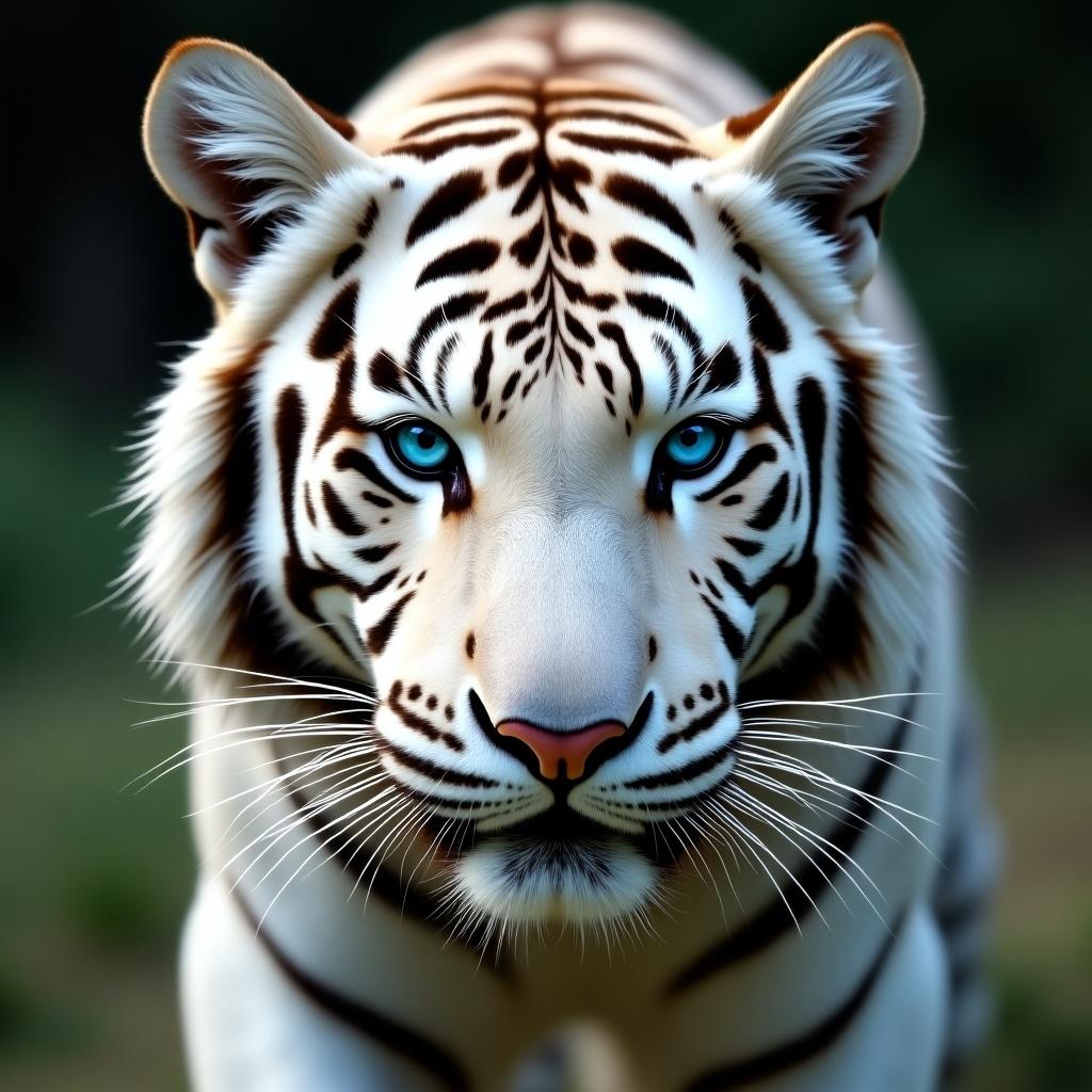 The image features a striking white tiger with an intense gaze. Its piercing blue eyes engage the viewer, conveying strength and beauty. The tiger's unique black stripes contrast vividly against its white fur. Set in a blurred natural background, the focus remains on the animal. This captivating portrayal highlights the grandeur of wildlife. It's an artistic representation of one of nature's fiercest predators.